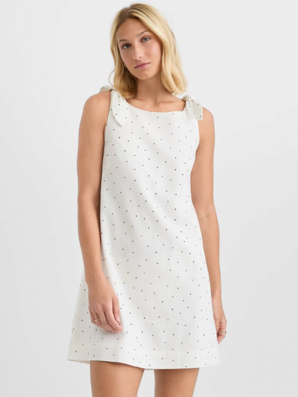 Loft Dotted Linen Cotton Tie Boatneck Mini Dress- New with Tag